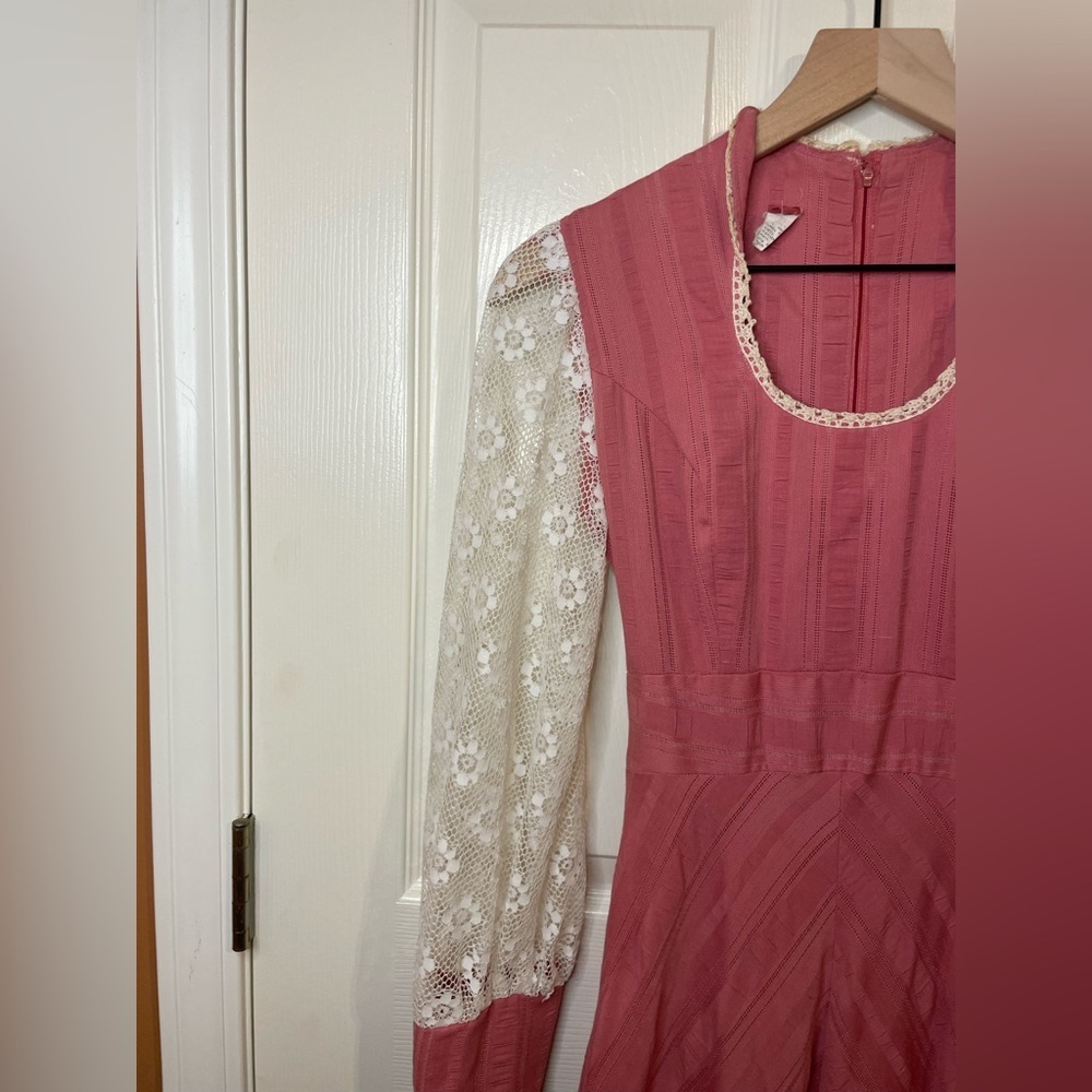 Prairie Cottagecore Vintage 1960s Pink Long Sleeve Maxi Dress Size 7 *Rare* - Picture 5 of 16